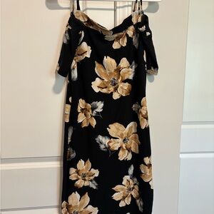 Impulsive Black Off-Shoulder Midi Dress with Gold Floral Print